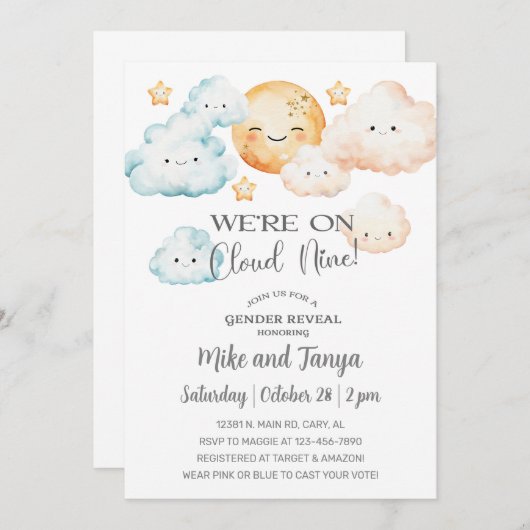 We zijn op Cloud Nine gender reveal uitnodiging. Kaart (Voorkant / Achterkant)