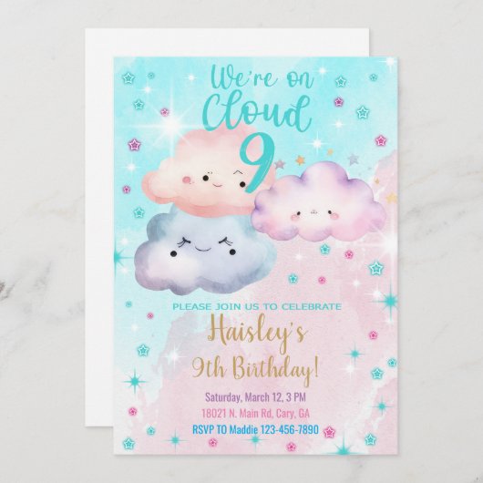 We zijn op Cloud Nine meisje 9e verjaardag uitnodi Kaart (Voorkant / Achterkant)
