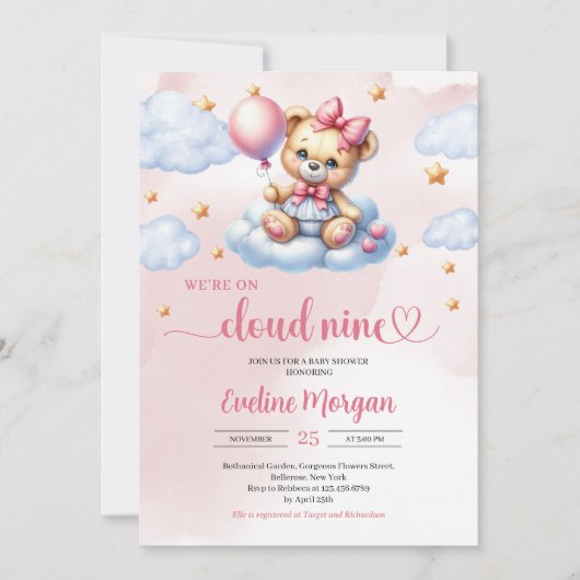 We zijn op Cloud Nine meisje baby shower uitnodigi Kaart (Voorkant)