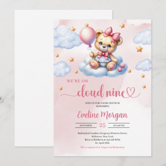 We zijn op Cloud Nine meisje baby shower uitnodigi Kaart (Voorkant / Achterkant)