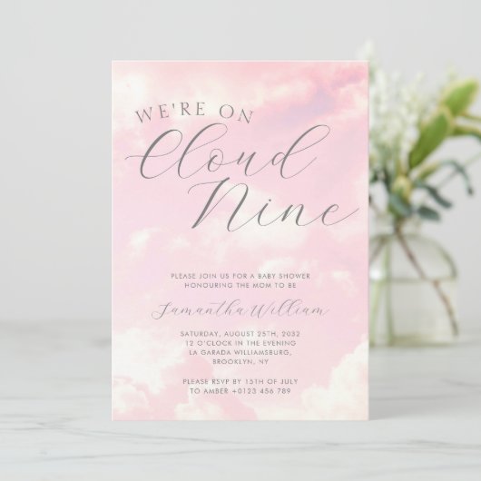 We zijn op Cloud Nine Pink Clouds Baby shower Kaart (Staand voorkant)
