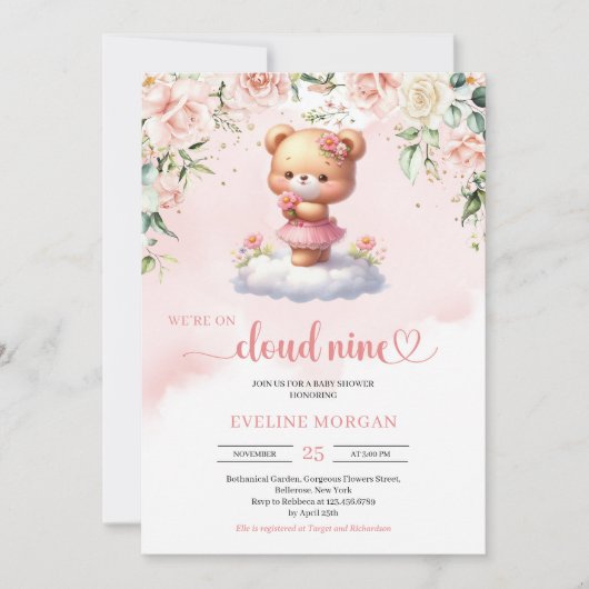 We zijn op wolk negen teddybeer meisje baby shower kaart (Voorkant)