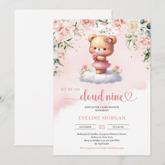 We zijn op wolk negen teddybeer meisje baby shower kaart (Voorkant / Achterkant)