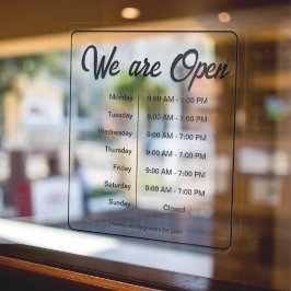 We zijn open Bedrijfsuren Tijd Zwar Script Raamsticker