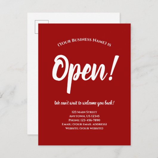 We zijn Open Business Reopenings Announcement Red Briefkaart (Voorkant / Achterkant)