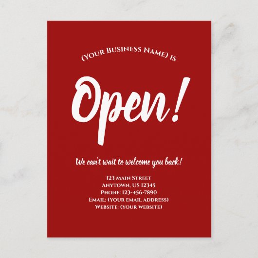 We zijn Open Business Reopenings Announcement Red Briefkaart (Voorkant)
