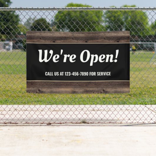 We zijn Open Business Wood Rustic Spandoek (Insitu)