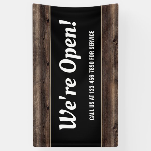 We zijn Open Business Wood Rustic Spandoek (Verticaal)