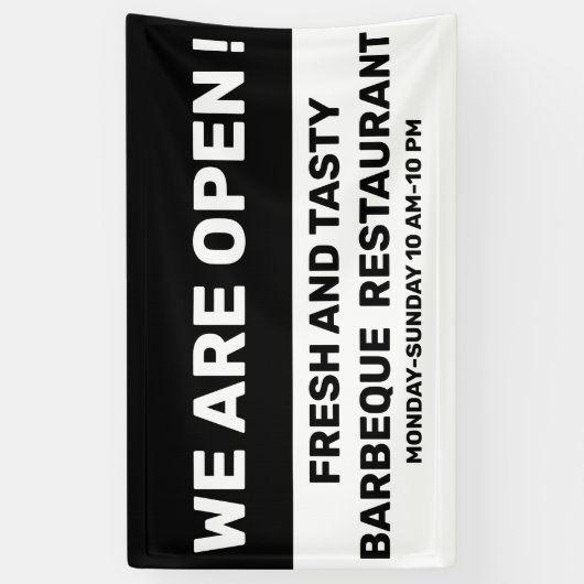 We zijn open Sign in Black en White Spandoek (Verticaal)