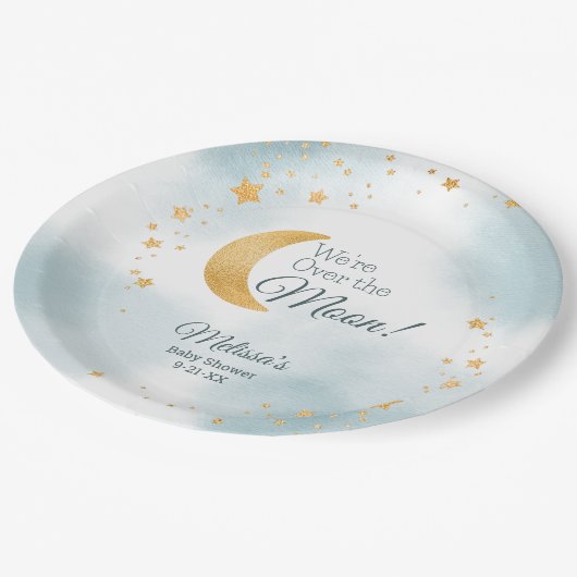 We zijn over de maan blauw baby shower papieren bordje (Gekanteld)