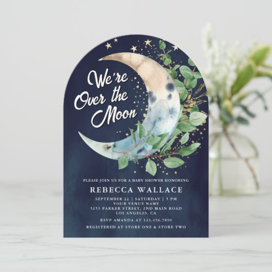 We zijn over de maan Eucalyptus Navy Baby shower Kaart (Staand voorkant)