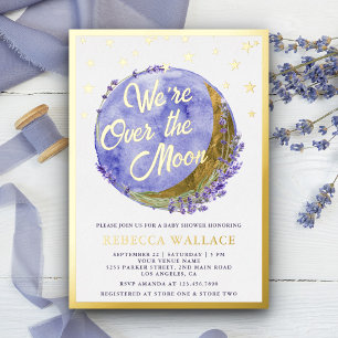 We zijn Over De Maan Lavendel Baby Shower Goud Folie Uitnodiging