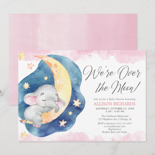 We zijn over de maan olifant roze meisje baby show kaart (Voorkant / Achterkant)