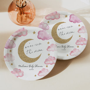 We zijn Over De Maan Roze Celestiale Baby Shower Papieren Bordje