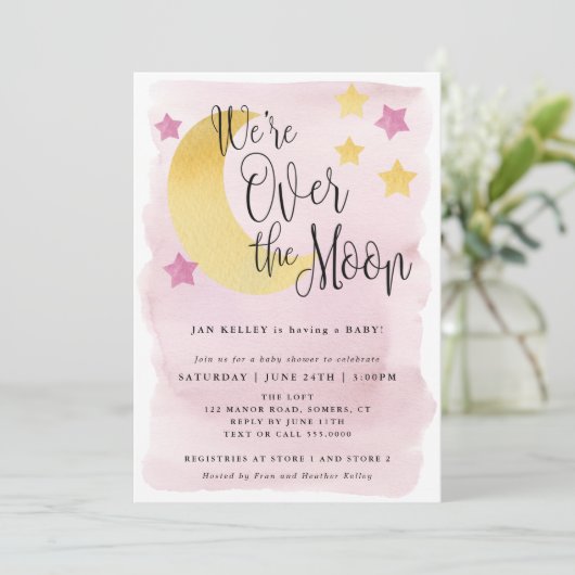 We zijn over de maan, roze Waterverf Baby shower Kaart (Staand voorkant)