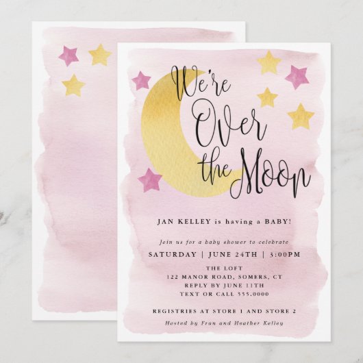 We zijn over de maan, roze Waterverf Baby shower Kaart (Voorkant / Achterkant)
