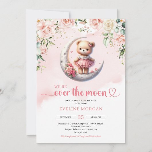 We zijn over de maan teddybeer meisje baby shower kaart (Voorkant)