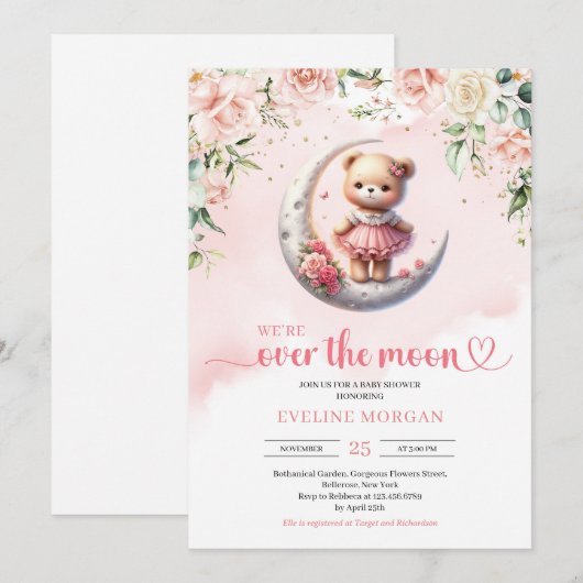We zijn over de maan teddybeer meisje baby shower kaart (Voorkant / Achterkant)
