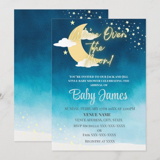 We zijn over de Moon Invitation Blue Night Sky Kaart (Voorkant / Achterkant)