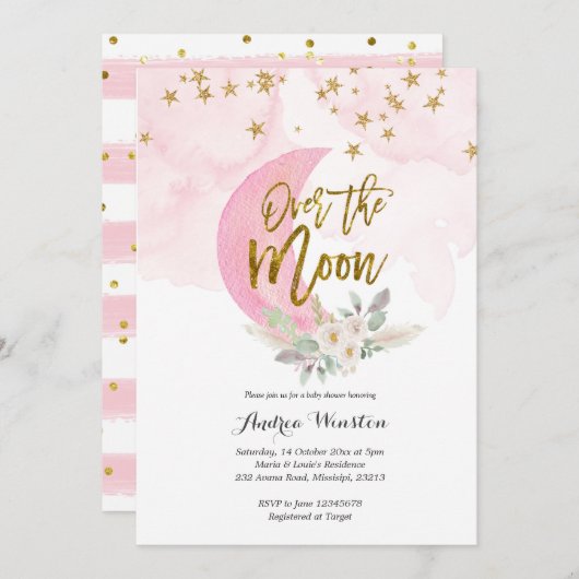 We zijn over de Moon Pink Baby shower Uitnodiging (Voorkant / Achterkant)