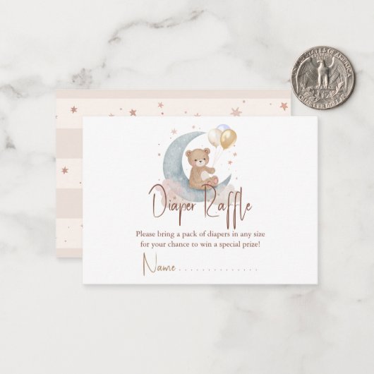 We zijn over de moon Teddy Bear Diaper Raffle Notitiekaartje (Voorkant / Achterkant in situ)
