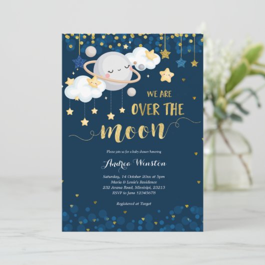 We zijn over het Baby shower van de Moon Navy Blue Kaart (Staand voorkant)