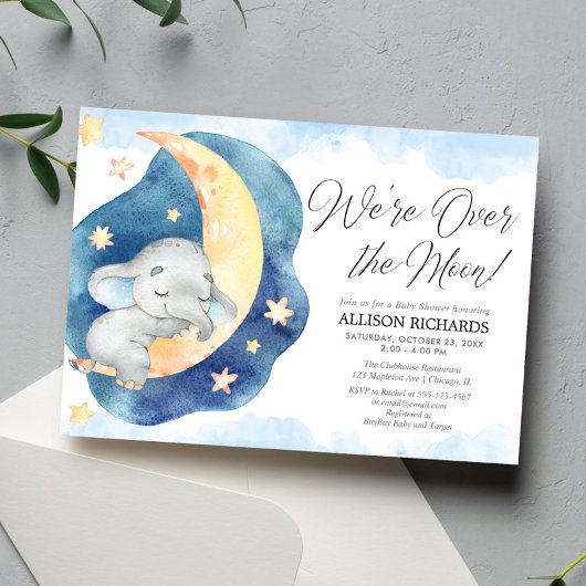 We zijn over het maan olifant blue boy baby shower kaart