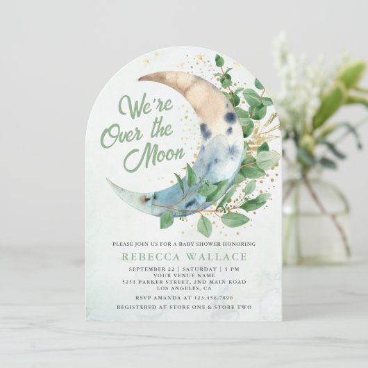 We zijn over het Moon Eucalyptus Arch Baby shower Kaart (Staand voorkant)