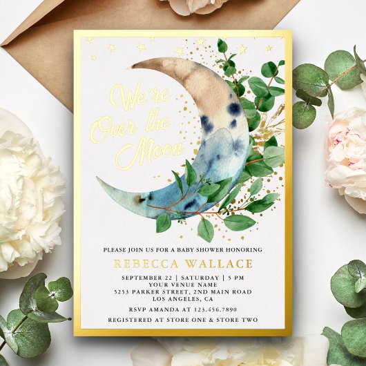 We zijn over het Moon Eucalyptus Baby shower Gold Folie Uitnodiging