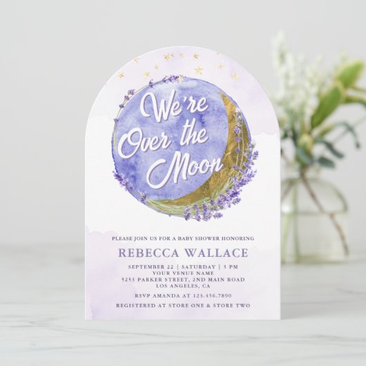 We zijn over het Moon Lavender Arch Baby shower Kaart (Staand voorkant)