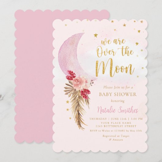 We zijn over het Moon Pink Girl Baby shower Kaart (Voorkant / Achterkant)