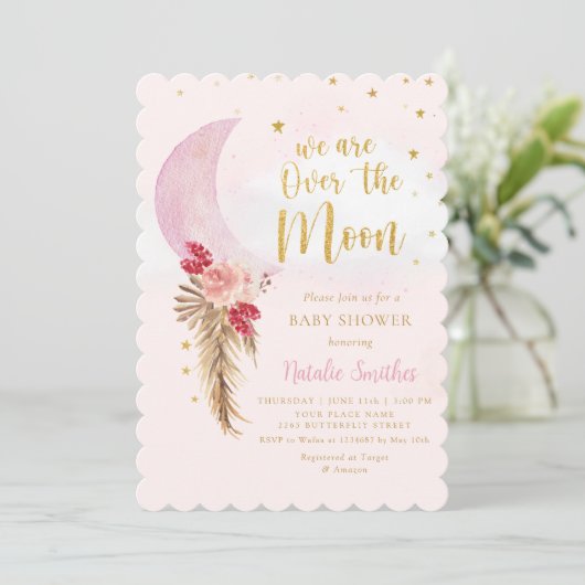 We zijn over het Moon Pink Girl Baby shower Kaart (Staand voorkant)