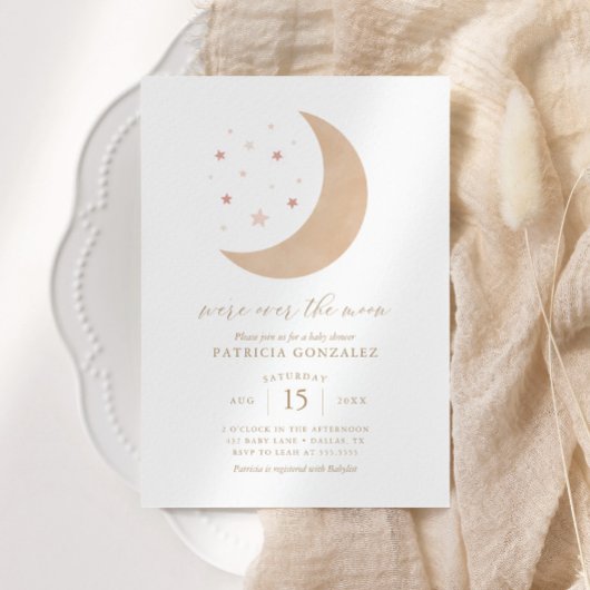 We zijn over het Moon Pink Gold Girl Baby shower I Kaart