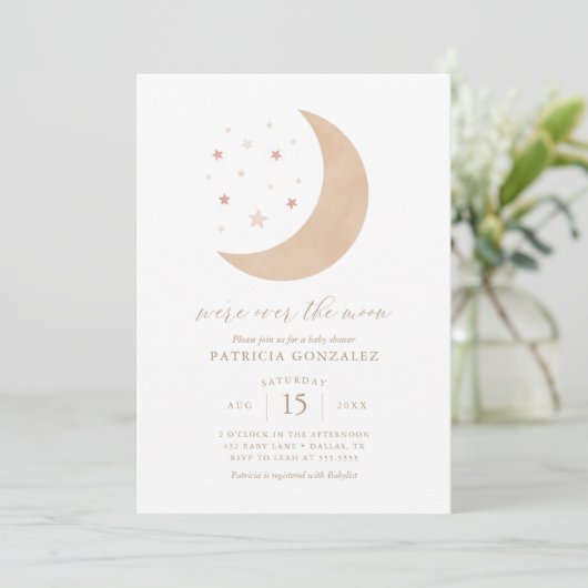 We zijn over het Moon Pink Gold Girl Baby shower I Kaart (Staand voorkant)