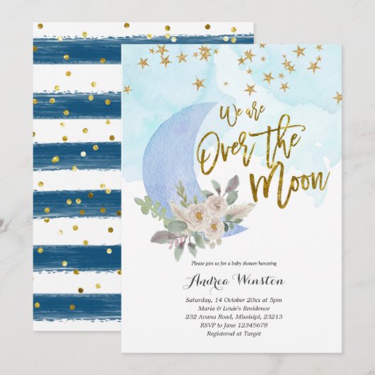 We zijn Over the Moon Blue Baby shower Invitation Kaart (Voorkant / Achterkant)