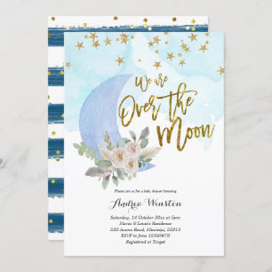 We zijn Over the Moon Blue Baby shower Invitation Kaart