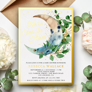 We zijn Over The Moon Eucalyptus Baby Shower Goud Folie Uitnodiging