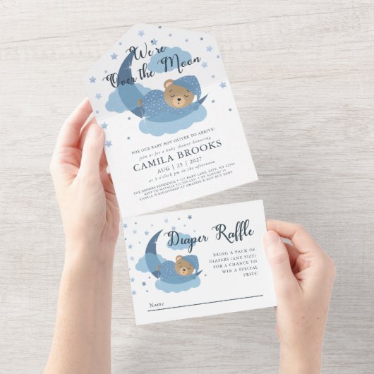 We zijn over the moon slapen Beer jongen Baby show All In One Uitnodiging (Afscheurbaar)