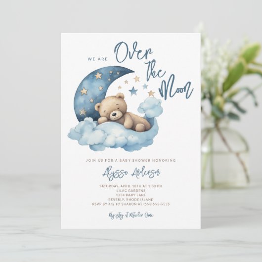 We zijn over the Moon Teddy Bear Baby shower Kaart (Staand voorkant)