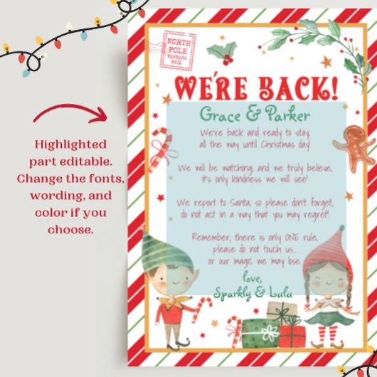 We zijn terug brief van uw kerst elf kaart