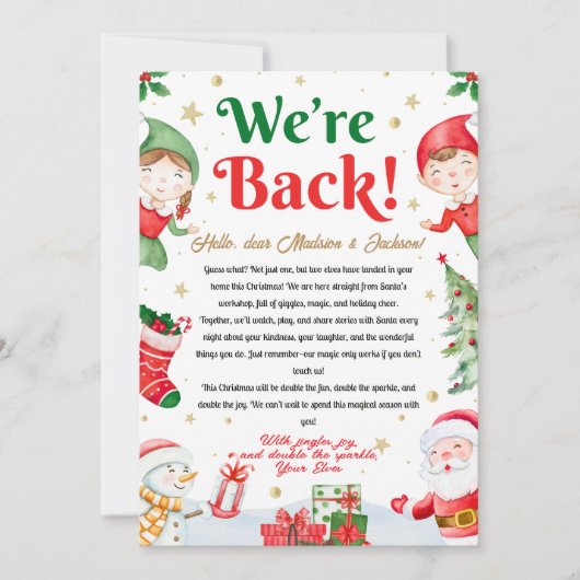 We zijn terug Elf Aankomstbrief Elfen Kerstmis Kaart (Voorkant)