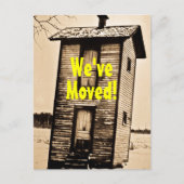 We zijn verhuisd!  2 verdiepingen tellend bijgebou aankondigingskaart (Voorkant)