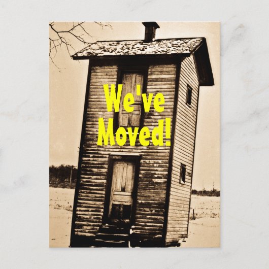 We zijn verhuisd!  2 verdiepingen tellend bijgebou aankondigingskaart (Voorkant)