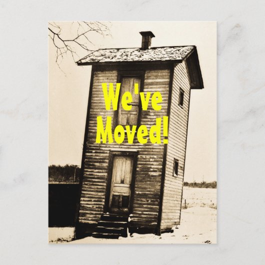 We zijn verhuisd!  2 verdiepingen tellend bijgebou aankondigingskaart (Voorkant)