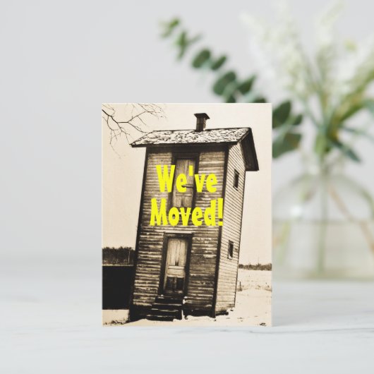 We zijn verhuisd!  2 verdiepingen tellend bijgebou aankondigingskaart (Staand voorkant)