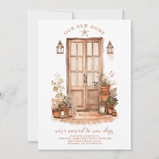 We zijn verhuisd Aquarel Aardse Deuringangang Aankondiging (Voorkant)