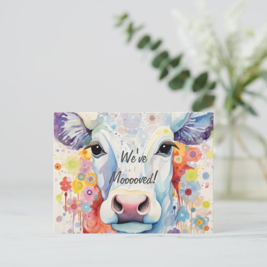 We zijn verhuisd! Artsy Koe Briefkaart (Staand voorkant)