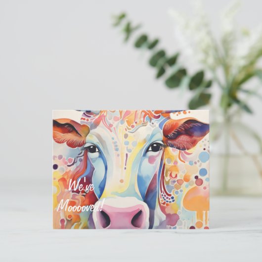 We zijn verhuisd! Artsy Koe Briefkaart (Staand voorkant)