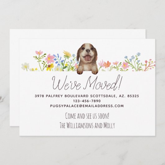 We zijn verhuisd. Beagle Puppy Floral Moving Aankondiging (Voorkant / Achterkant)