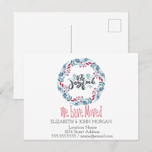 We zijn verhuisd, blauw Wreath, wees blij Aankondigingskaart (Voorkant / Achterkant)